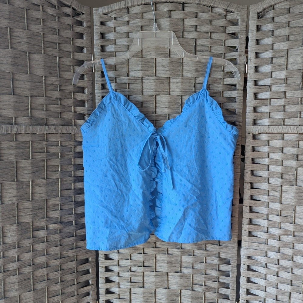 Dainty Cotton Cami Top Cornflower Blue Swiss Dot Ruffle Tie Fly Away Front Sz S - Picture 1 of 7